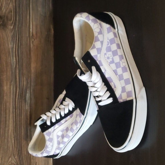 New Vans Old Skool Floral Check Lavender Purple White Black Sneakers - Picture 2 of 10